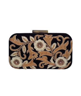 MaFs Women's Hand Embroidered/Zari Zardozi work Box Clutch Bag For Bridal, Casual, Party, Wedding || Black 1