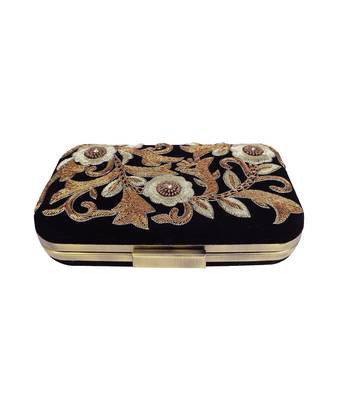 MaFs Women's Hand Embroidered/Zari Zardozi work Box Clutch Bag For Bridal, Casual, Party, Wedding || Black 3