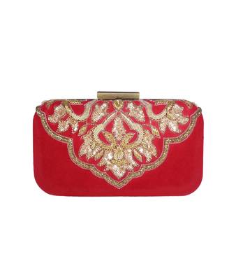 MaFs Women's Hand Embroidered/Zari Zardozi work Box Clutch Bag For Bridal, Casual, Party, Wedding || Red 1