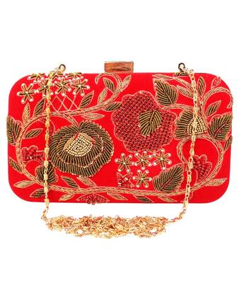 MaFs Women's Hand Embroidered/Zari Zardozi work Box Clutch Bag For Bridal, Casual, Party, Wedding || Red 1