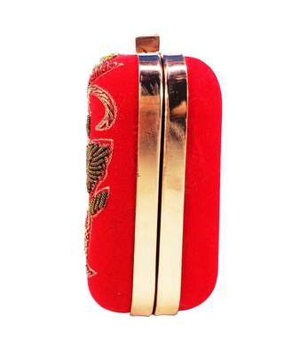 MaFs Women's Hand Embroidered/Zari Zardozi work Box Clutch Bag For Bridal, Casual, Party, Wedding || Red 3