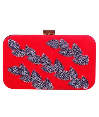 MaFs Women's Hand Embroidered/Zari Zardozi work Box Clutch Bag For Bridal, Casual, Party, Wedding || Red 1
