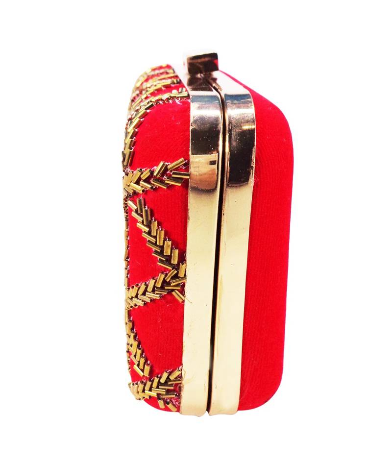 MaFs Women's Hand Embroidered/Zari Zardozi work Box Clutch Bag For Bridal, Casual, Party, Wedding || Red