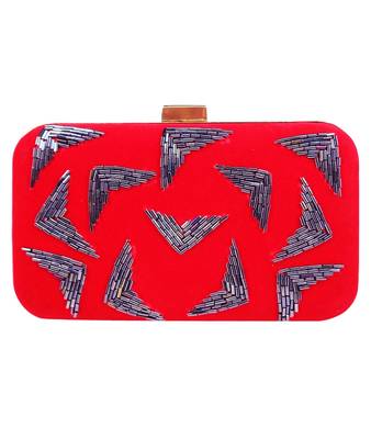 MaFs Women's Hand Embroidered/Zari Zardozi work Box Clutch Bag For Bridal, Casual, Party, Wedding || Red 1