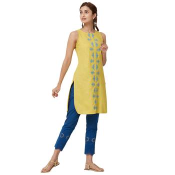 Yellow embroidered cotton kurti 1