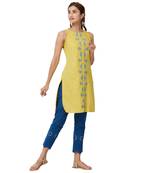 Yellow embroidered cotton kurti