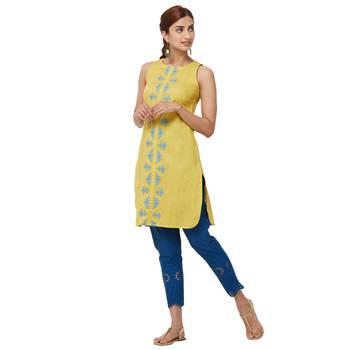Yellow embroidered cotton kurti 2