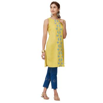 Yellow embroidered cotton kurti 4
