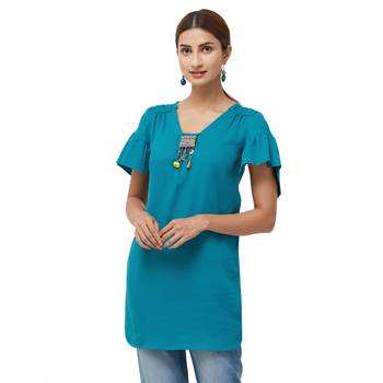 Teal embroidered cotton long tops 1
