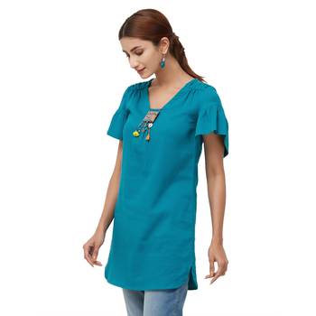 Teal embroidered cotton long tops 2