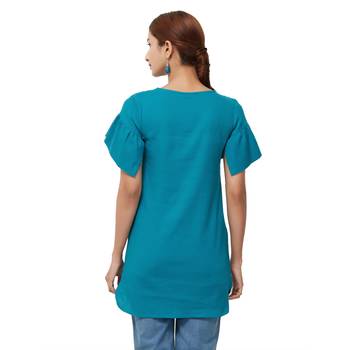 Teal embroidered cotton long tops 3