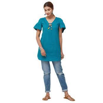 Teal embroidered cotton long tops 4