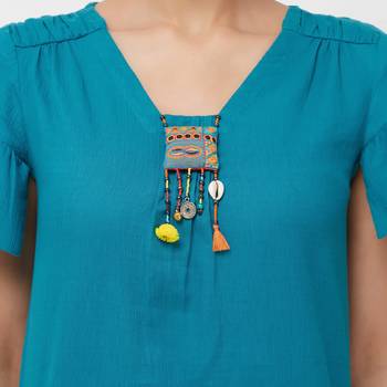 Teal embroidered cotton long tops 5