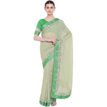 Green hand woven georgette saree with blouse 1
