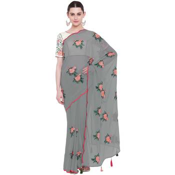 Grey embroidered georgette saree with blouse 1