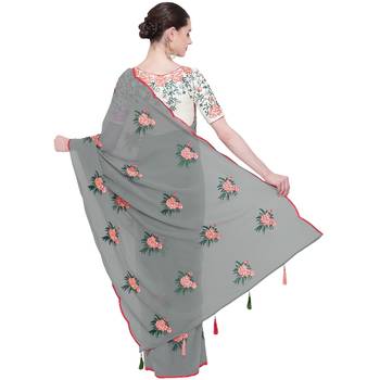 Grey embroidered georgette saree with blouse 2