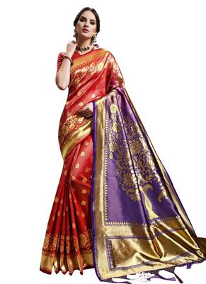 Red Plain Art Silk Saree With Blouse 1