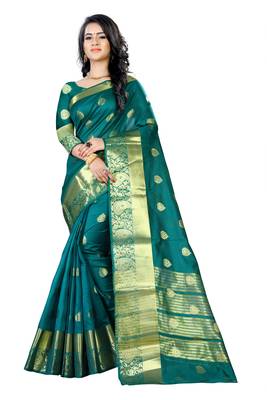 Dark green woven cotton silk saree with blouse 1