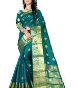 Dark green woven cotton silk saree with blouse