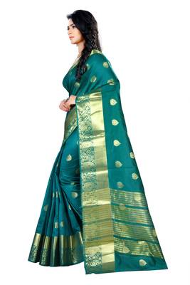Dark green woven cotton silk saree with blouse 2