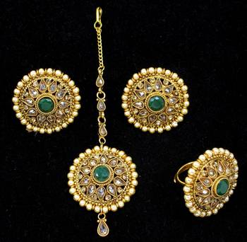 Gorgeous Copper AD Zircon Green Tops Earrings Tikka Finger Ring Combo Set 1