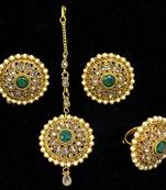 Gorgeous Copper AD Zircon Green Tops Earrings Tikka Finger Ring Combo Set