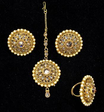 Gorgeous Copper AD Zircon Golden Tops Earrings Tikka Finger Ring Combo Set 1
