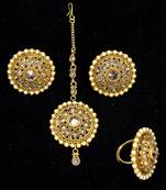 Gorgeous Copper AD Zircon Golden Tops Earrings Tikka Finger Ring Combo Set