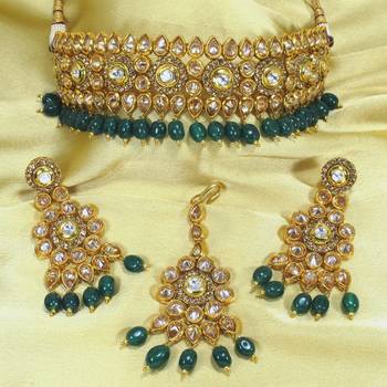Royal Antique Gold AD Zircon Green Necklace Jewelry Set 1
