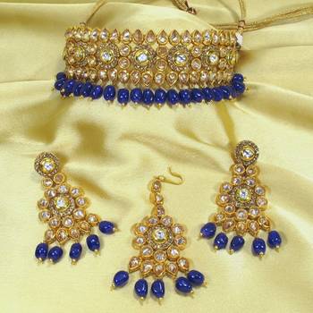 Royal Antique Gold AD Zircon Blue Necklace Jewelry Set 1