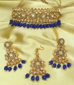 Royal Antique Gold AD Zircon Blue Necklace Jewelry Set