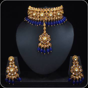 Royal Antique Gold AD Zircon Blue Necklace Jewelry Set 2