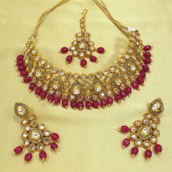 Royal Antique Gold AD Zircon Maroon Necklace Jewelry Set 1