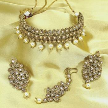 Royal Antique Gold AD Zircon White Necklace Jewelry Set 1