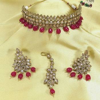 Royal Antique Gold AD Zircon Maroon Necklace Jewelry Set 1