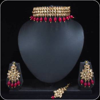 Royal Antique Gold AD Zircon Maroon Necklace Jewelry Set 2