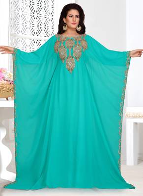 Turquoise embroidered georgette islamic kaftans 1