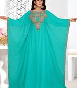 Turquoise embroidered georgette islamic kaftans