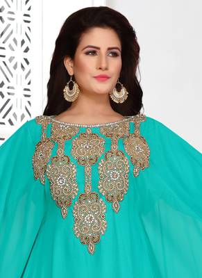 Turquoise embroidered georgette islamic kaftans 3