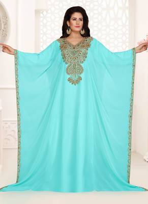 Turquoise embroidered georgette islamic kaftans 1