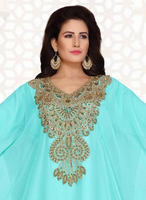 Turquoise embroidered georgette islamic kaftans 3