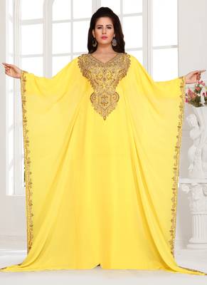 Yellow embroidered georgette islamic kaftans 1