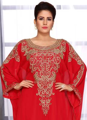 Red embroidered georgette islamic kaftans 4