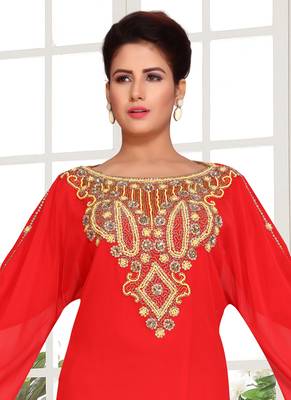 Red embroidered georgette islamic kaftans 4