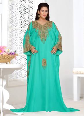 Turquoise embroidered georgette islamic kaftans 1