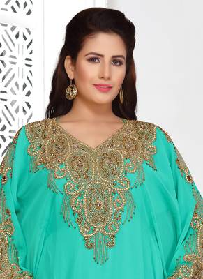 Turquoise embroidered georgette islamic kaftans 4