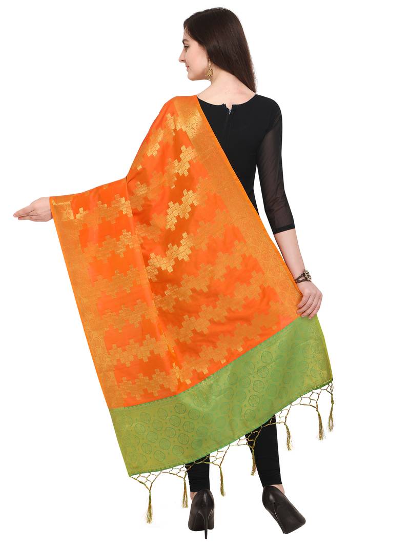 Orange & Gold-Toned Woven Design Banarasi Dupatta main image 1