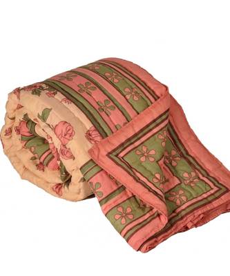 Pink FloralPrint Jaipuri Coton Double BedQuilt 1
