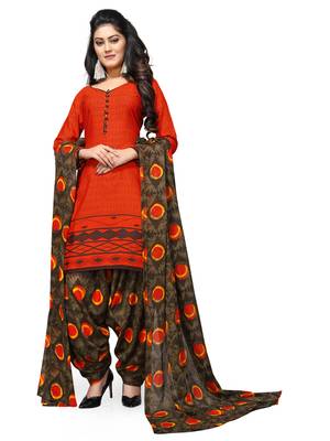 Orange Printed Cotton Salwar With Dupatta 1