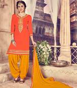 Orange Embroidered Silk Cotton Salwar With Dupatta